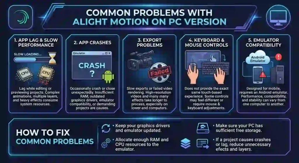 Common Problems With Alight Motion on PC Version

Using the PC version of Alight Motion can be convenient, but some users may face issues because the app is primarily designed for mobile devices and may run through an Android emulator on a computer. The problems can depend on your PC hardware, emulator settings, and the version of the app you are using.

App Lag or Slow Performance

One common issue with the PC version is lag while editing or previewing projects. Complex animations, multiple layers, and heavy effects can require more system resources. Closing unnecessary background applications and using an emulator with suitable settings may improve performance.

App Crashes

Alight Motion may occasionally crash or close unexpectedly on a PC. This can happen because of insufficient RAM, outdated graphics drivers, emulator compatibility, or demanding projects.

Export Problems

Some users may experience slow exports or failed video rendering. High-resolution videos and projects containing many effects can take longer to process, especially on lower-end computers.

Keyboard and Mouse Controls

The PC version does not provide exactly the same touch-based experience as the mobile app. When using an emulator, some controls may feel different or require additional mouse and keyboard adjustments.

Emulator Compatibility

Since Alight Motion is designed for mobile platforms, running it on a PC may require an Android emulator. Not every emulator provides the same performance, so compatibility and stability can vary from one computer to another.

How to Fix Common Problems

Keep your graphics drivers and emulator updated, allocate enough RAM and CPU resources to the emulator, and make sure your PC has sufficient free storage. If a project is causing crashes or lag, reducing unnecessary effects and layers can also help improve the overall editing experience.